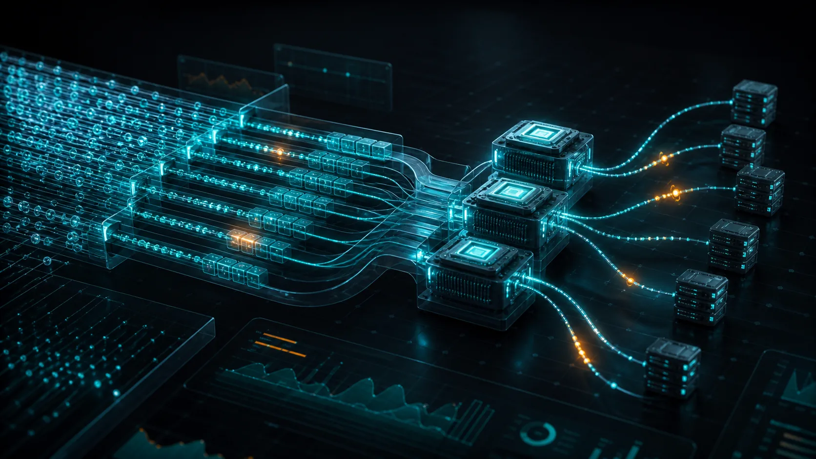 Go 高并发任务经过调度队列、CPU 与网络节点的系列概念图