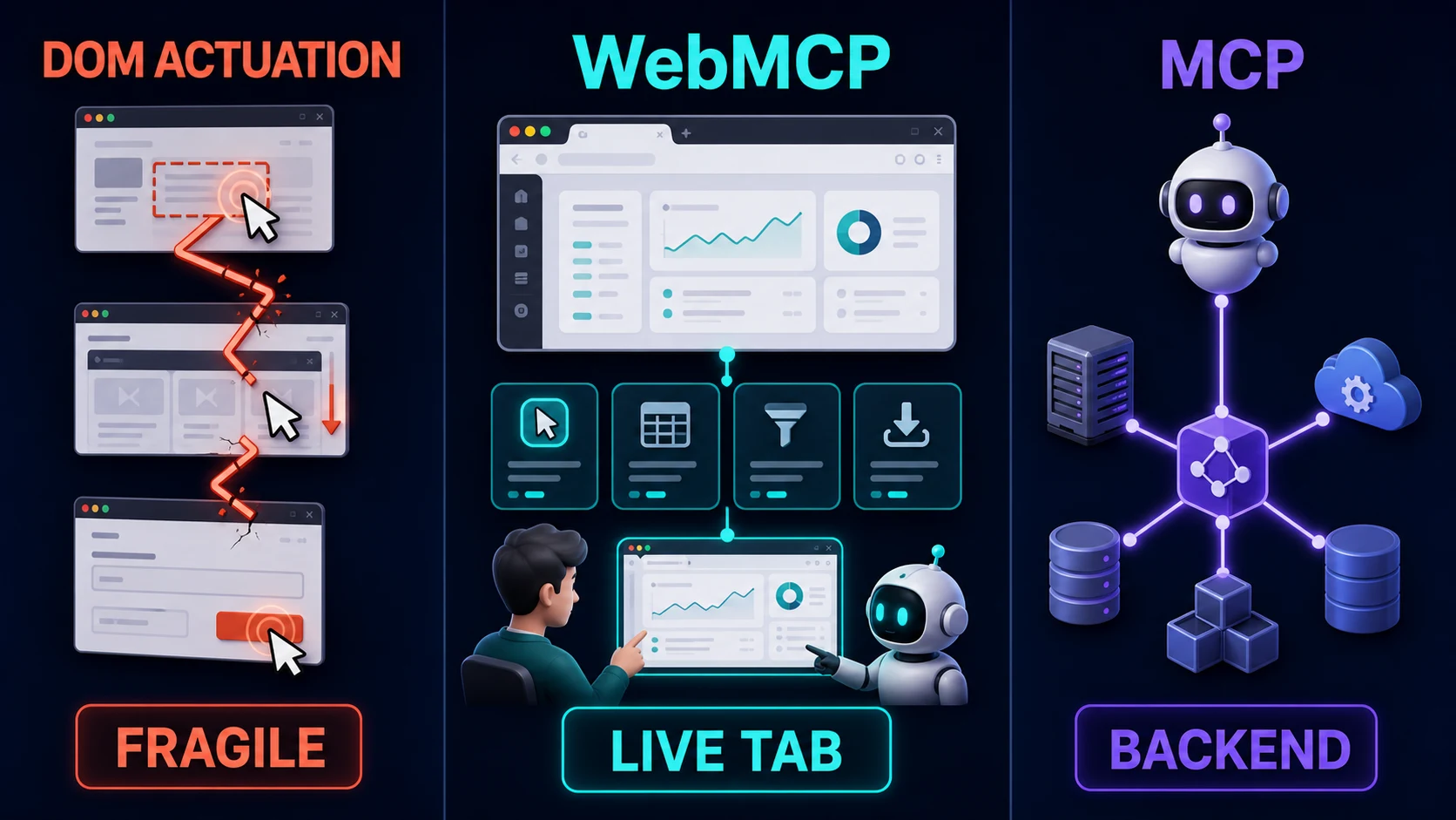DOM Actuation、WebMCP 与服务端 MCP 的适用边界