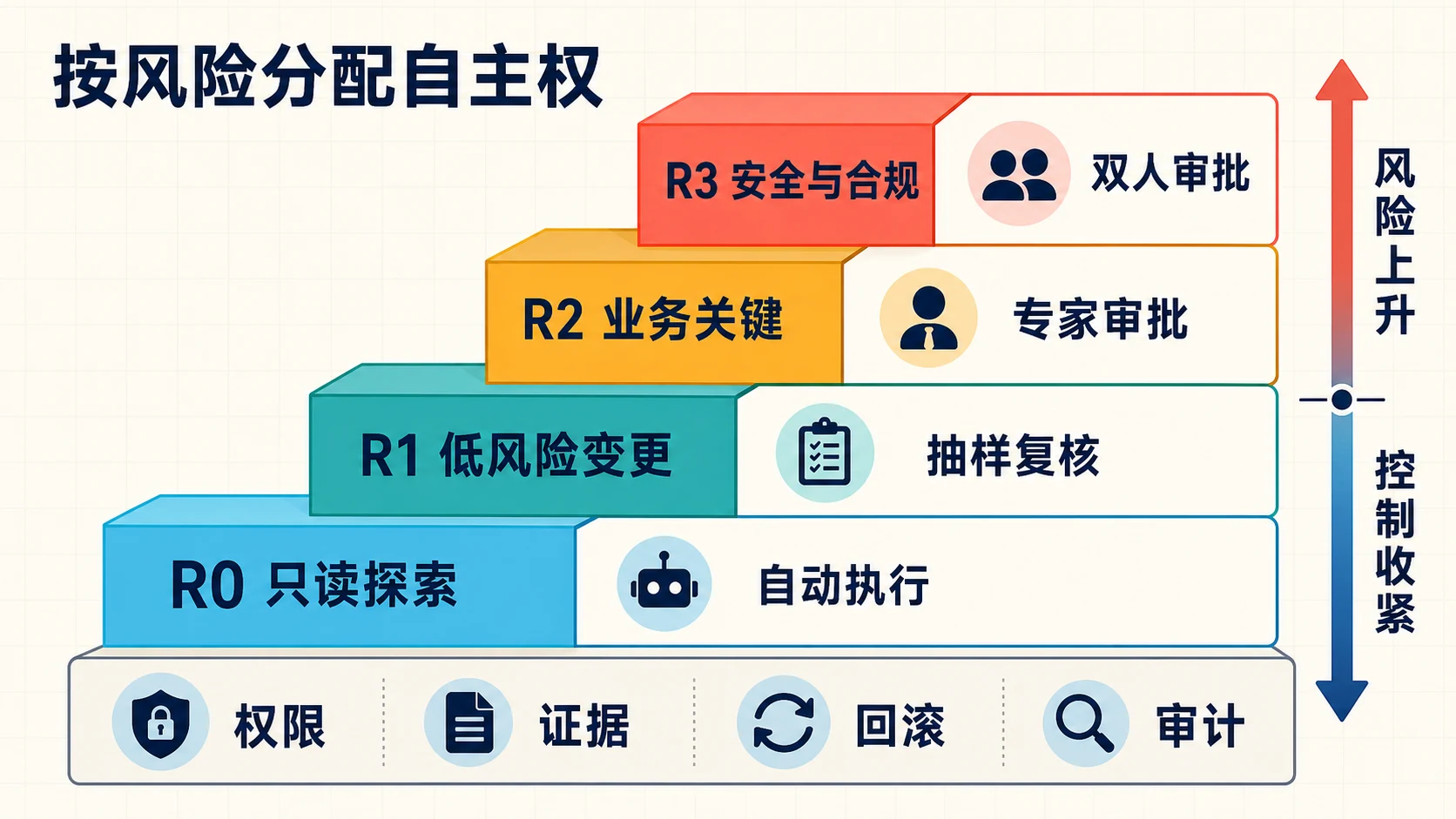 从只读探索、低风险变更、业务关键到安全与合规，风险越高，人工门禁、证据和控制越严格