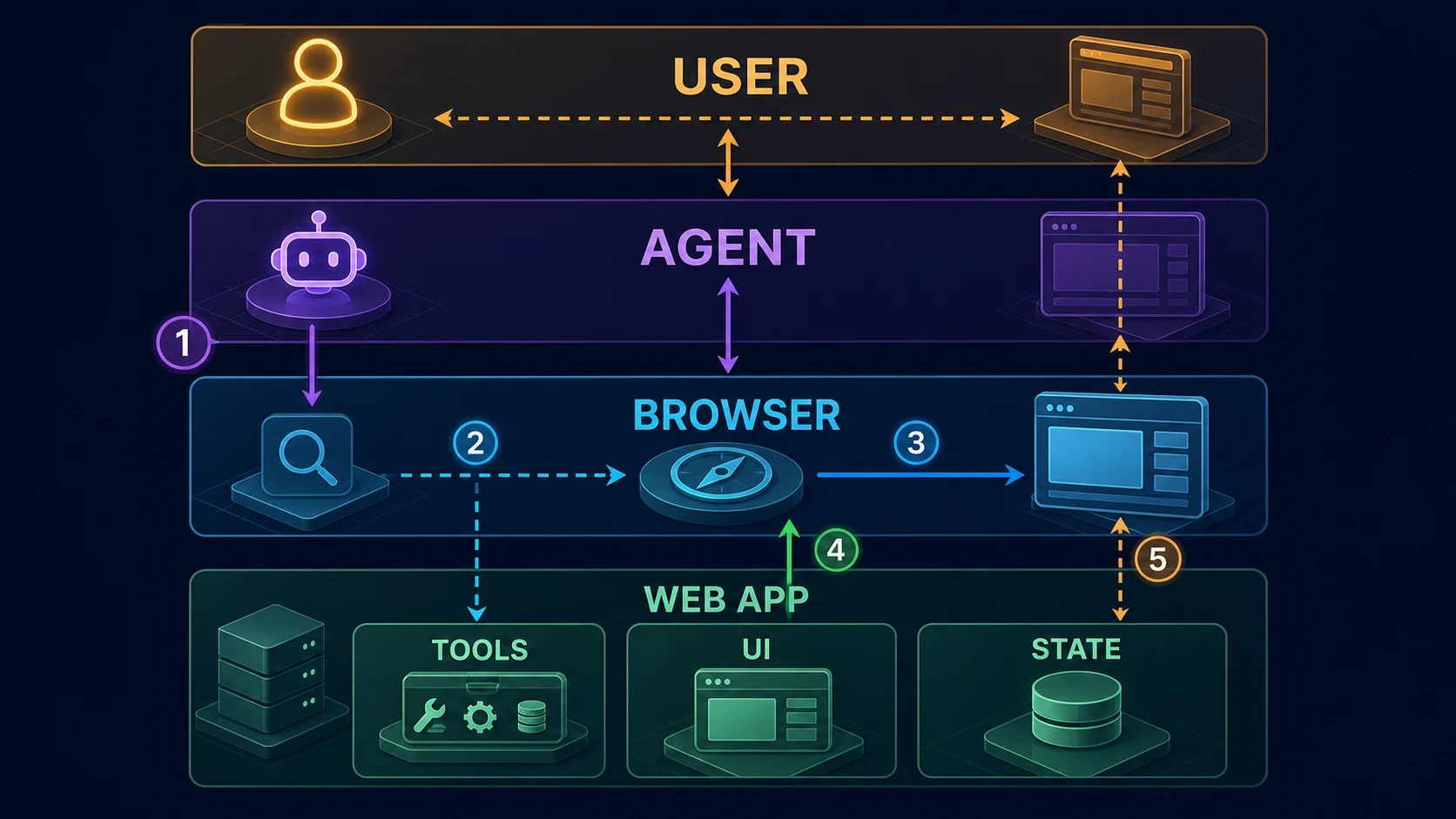 WebMCP 的用户、Agent、浏览器与 Web 应用四层架构